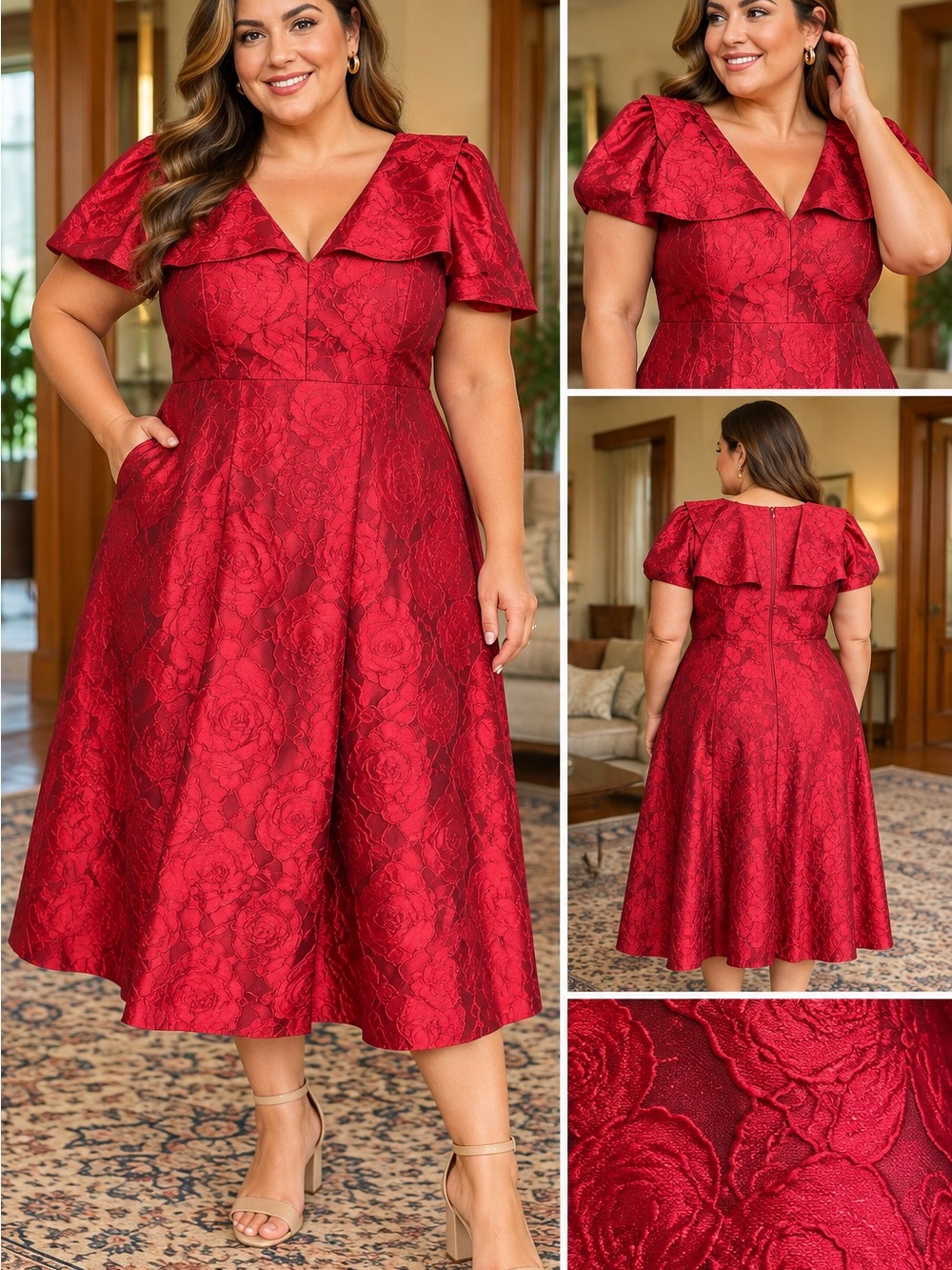 Teri Jon Red Jacquard V-Neck Fit-and-Flare Midi Dress